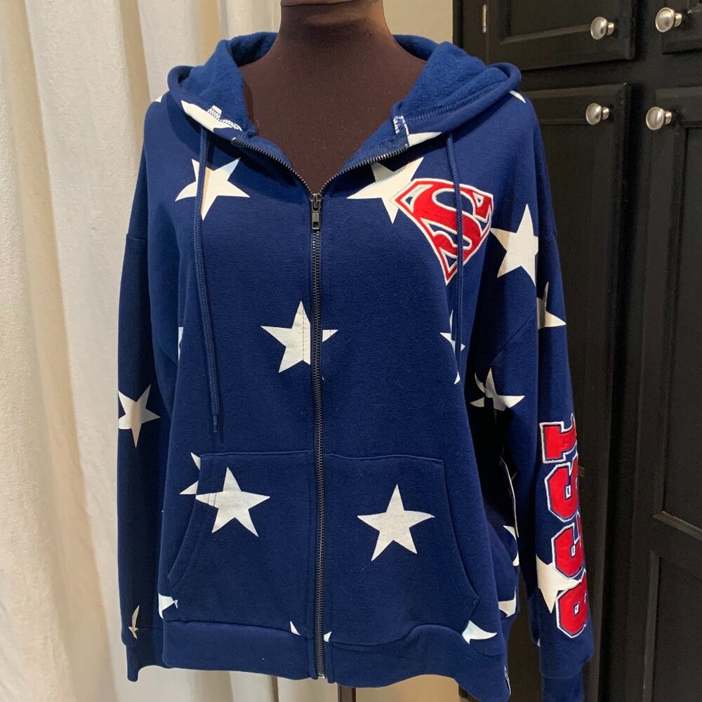 Superman Women's Zip Hoodie Size L Blue Stars